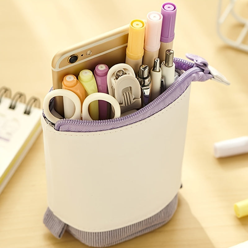 Pencil Telescopic Holder Stationery Case, PU Corduroy Pen Pencil Telescopic Holder Stationery Case Organizer Great For Makeup Cosmetics Pouch Zipper Retractable Pen Bag