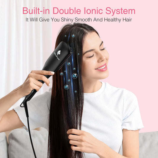 Enhanced Ceramic Hair Straightener Brush by , 2-in-1 Ionic Straightening Brush w/Anti-Scald Feature Suit for All Hair Types, Auto Temperature Lock & Auto-Off Function