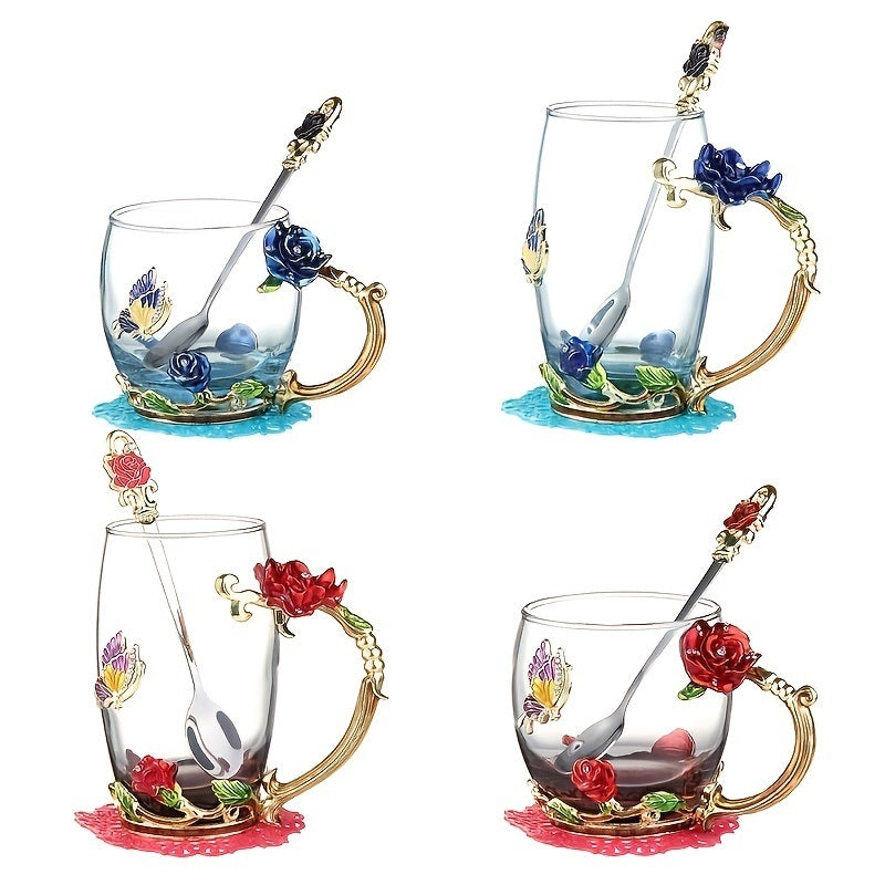 1pc Rose Enamel Crystal Tea Cup; Coffee Mug; Tumbler Butterfly Rose Painted Flower Water Cups; Clear Glass With Spoon Set