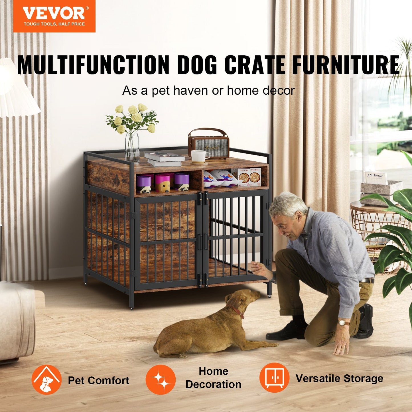 VEVOR Furniture Style Dog Crate with Storage, 41 inch Dog Crate Furniture Large Breed with Double Doors, Wooden Dog Cage for Large/Medium Dog Indoor, Hold up to 70 lbs, Rustic Brown