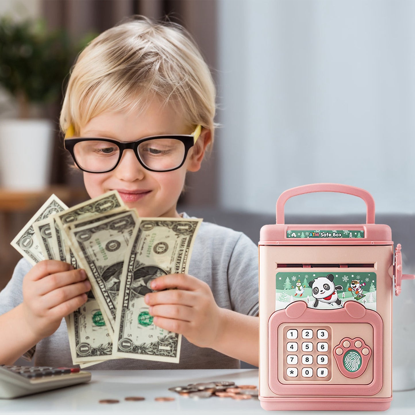 Piggy Bank Toy Cash Coin Money Bank Money Saving Box with Password Fingerprint Voice Prompt Folding Handle for 3+ Years Old Boys Girls