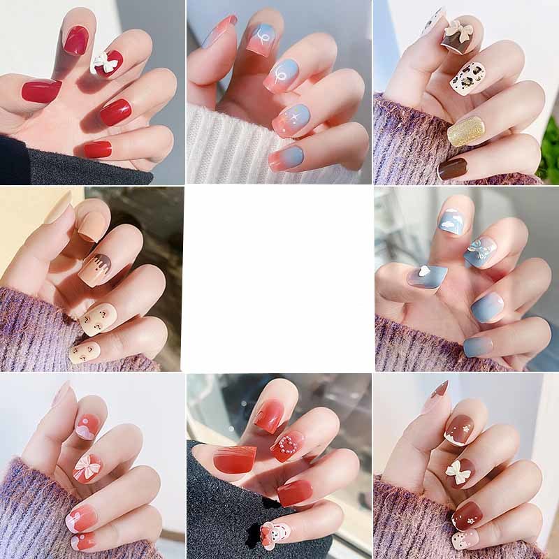 24pcs/box Press on Nails Fake Nail Art Acrylic Desige With Jelly Sticker False Full Cover Short Coffin Suppliers Nail Tips