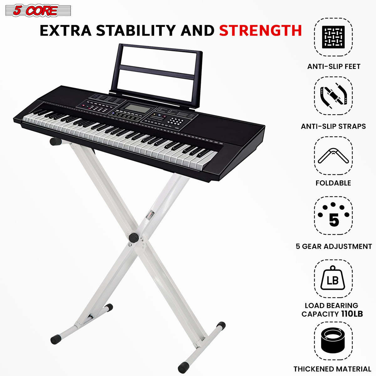 5 CORE Piano Keyboard Stand Double X Style Heavy Duty Adjustable Digital Electric Piano Riser Durable & Sturdy Music Synthesizer Holder Stands For 61 76 88 Keys w Secure Locking Strap - KS 2X