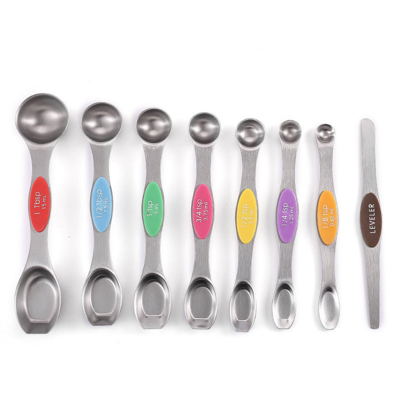 Set Of 8; Magnetic Measuring Spoon Set; Double Sided Stainless Steel Measuring Spoons; Fits In Spice Jars; Stackable Teaspoons; For Measuring Dry And Liquid Ingredients