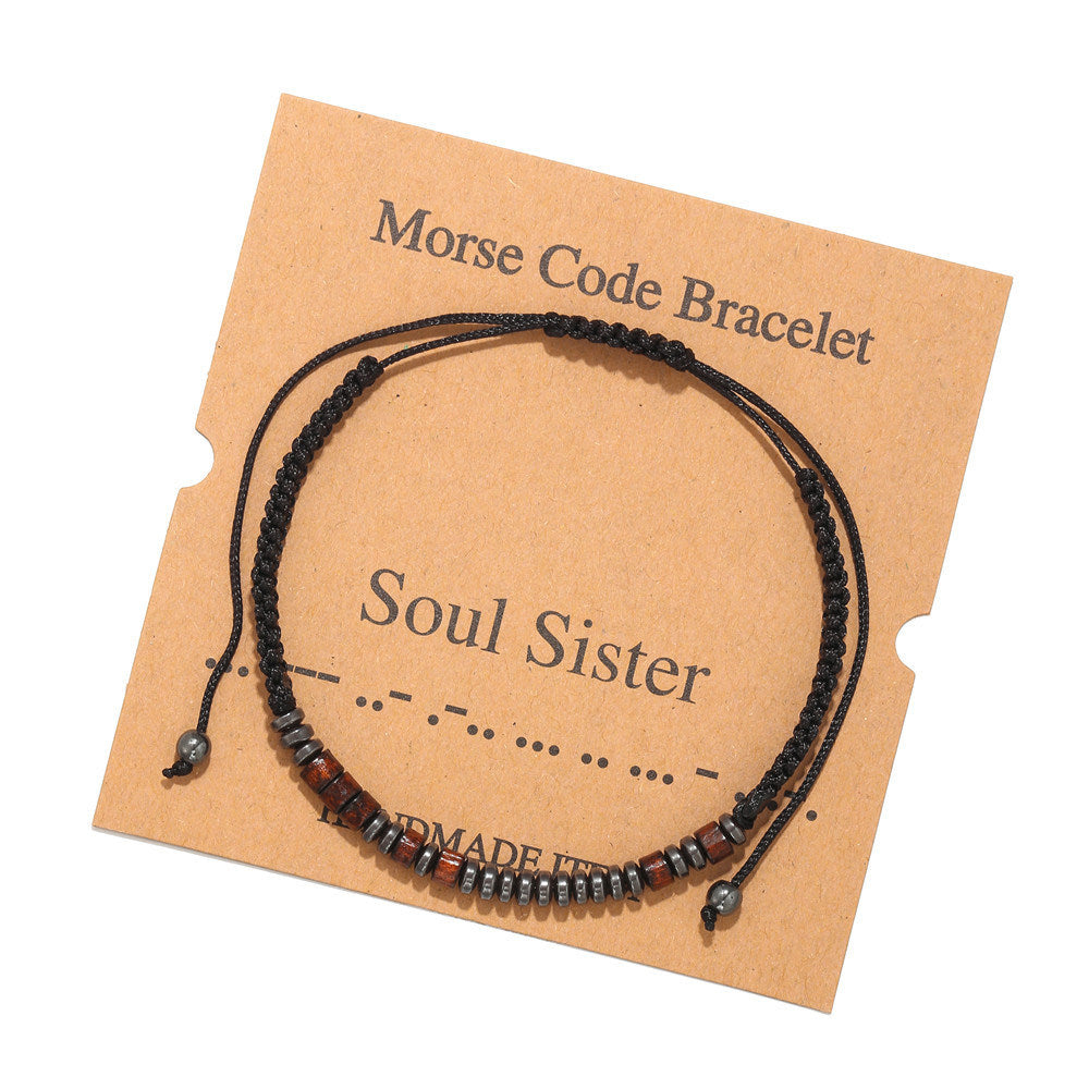 Morse Code Bracelet Black Gallstone Wood Beads