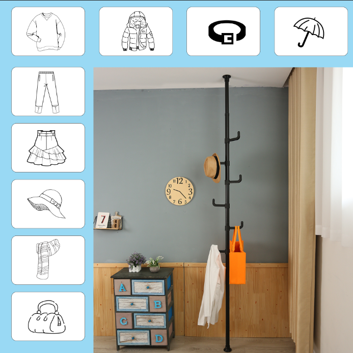 Adjustable Laundry Pole Clothes Drying Rack Coat Hanger DIY Floor to Ceiling Tension Rod Storage Organizer for Indoor, Balcony - Black