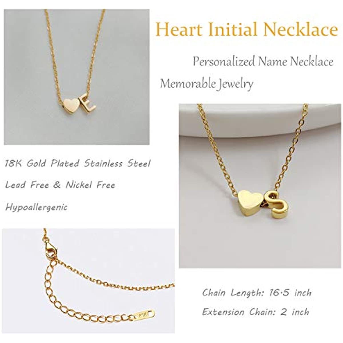 Glimmerst Initial Heart Necklace; 18K Gold Plated Stainless Steel Tiny Heart Letter Necklace Personalized Monogram Name Necklace for Women Girls