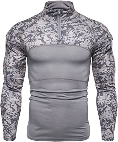 Men's Casual Camouflage T-Shirts Splicing Craft Slim Fit Shirts Zipper Neckline Long Sleeve T-Shirts