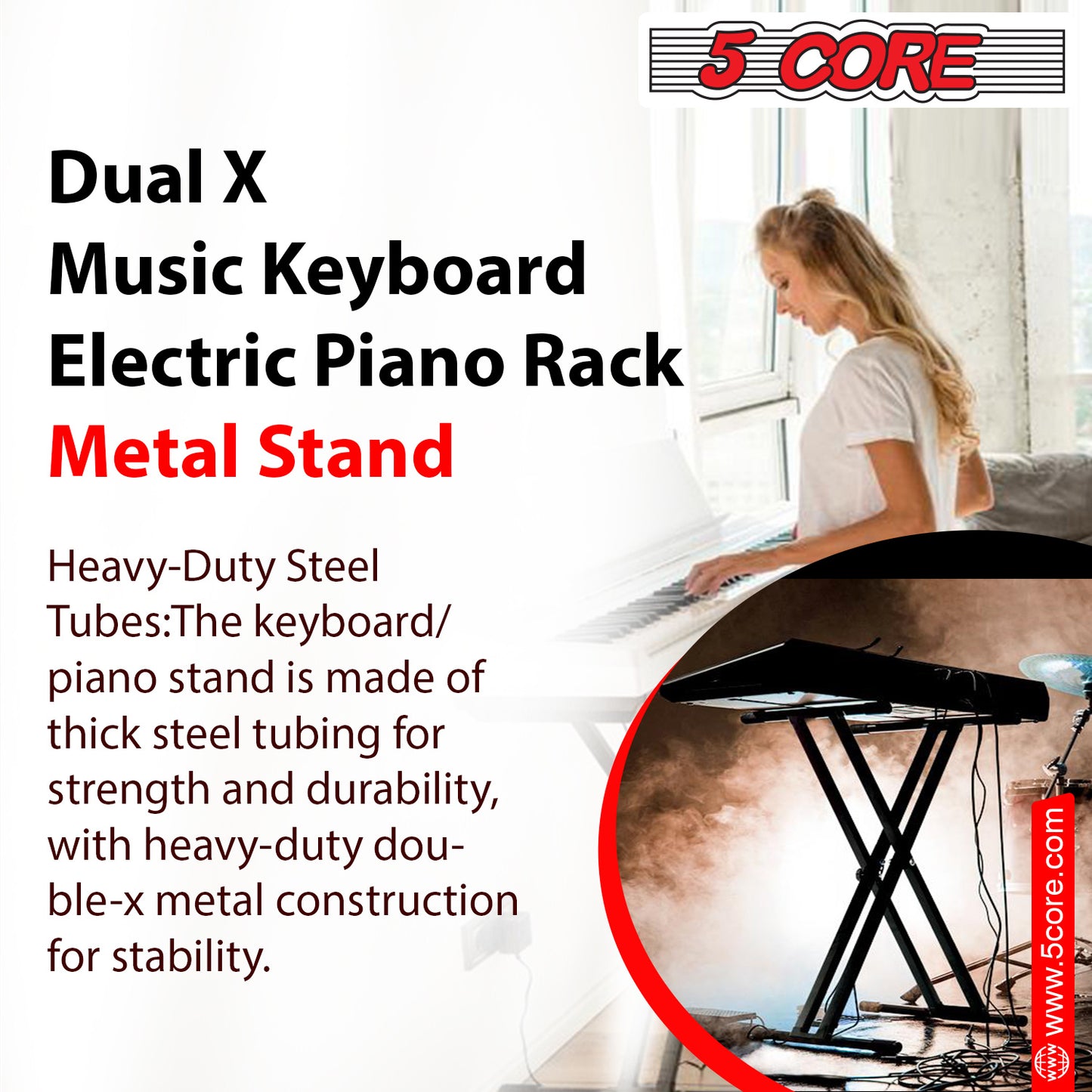 5 CORE Piano Keyboard Stand Double X Style Heavy Duty Adjustable Digital Electric Piano Riser Durable & Sturdy Music Synthesizer Holder Stands For 61 76 88 Keys w Secure Locking Strap - KS 2X