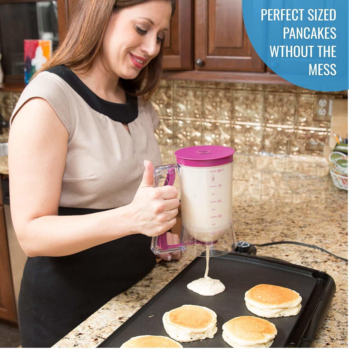 Pancake Batter Dispenser - Kitchen Must Have Tool for Perfect Pancakes, Cupcake, Waffle, Muffin Mix, Crepe & Cake - Easy Pour Baking Supplies for Griddle - Pancake Maker with Measuring Label