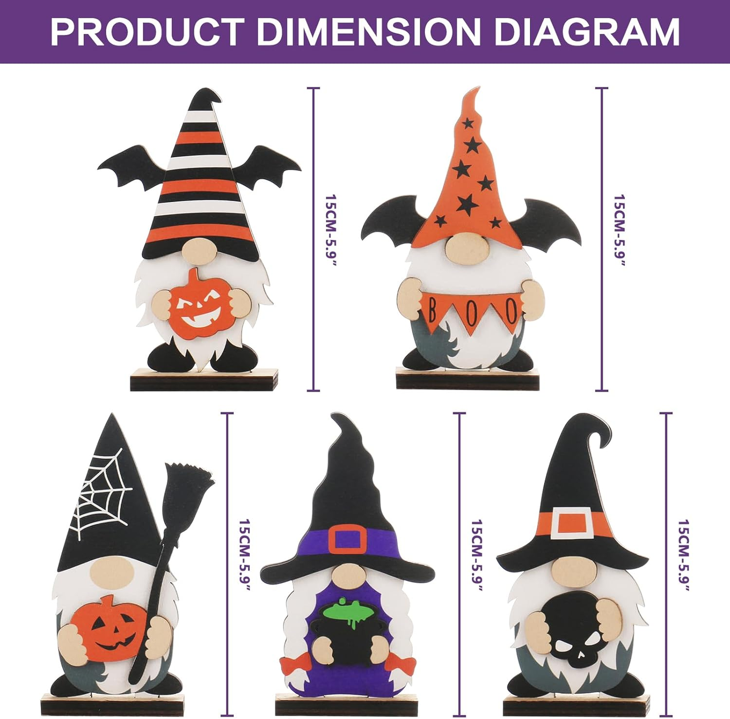 5pcs Halloween Wooden Decorations, Halloween Tabletop Gnome Decoration