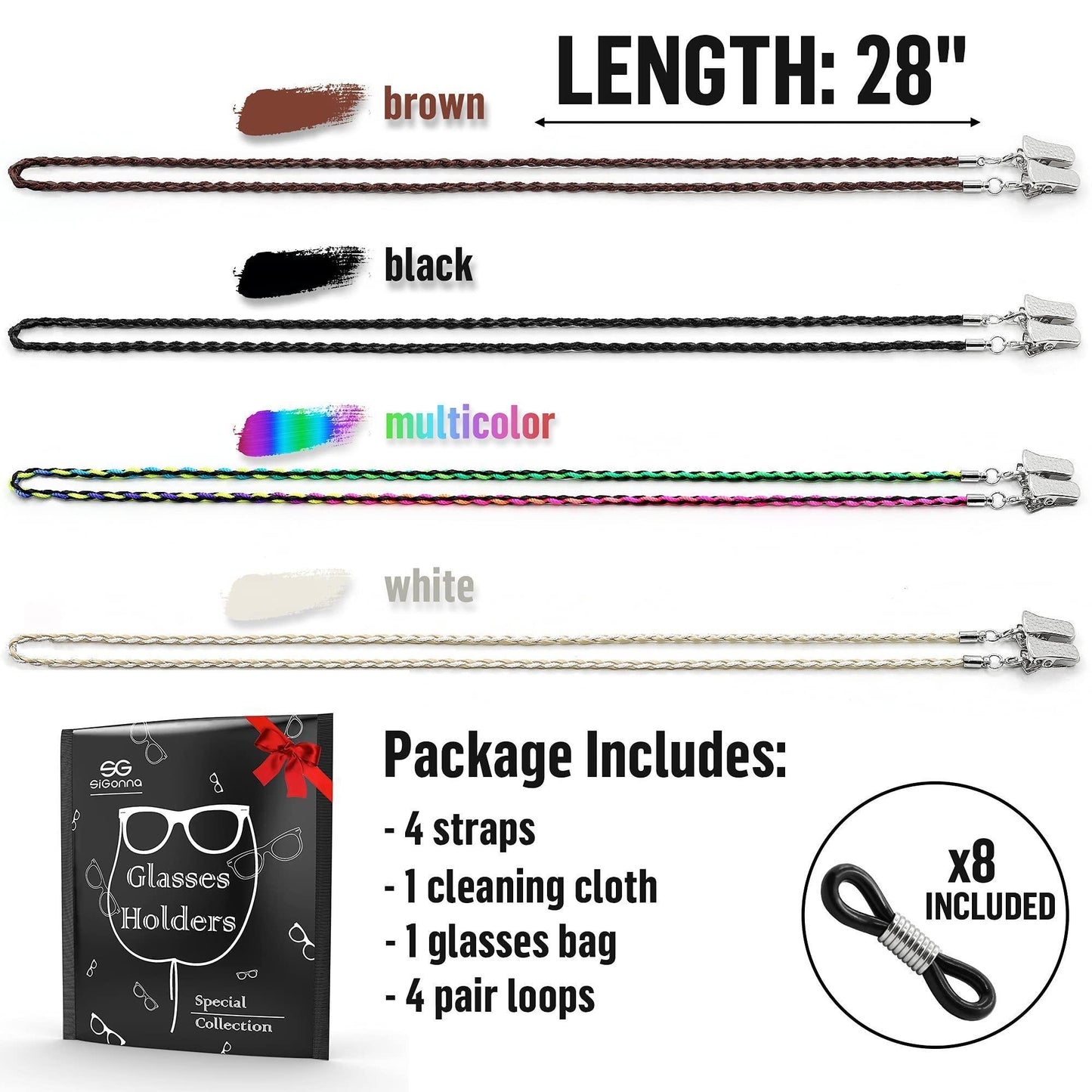 Glasses Strap Chains Premium ECO Leather Eyeglass Holder 4 Pack 28 inch Long