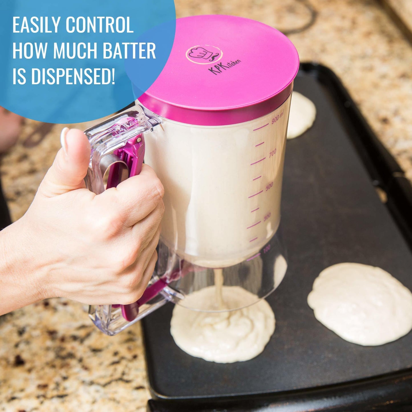 Pancake Batter Dispenser - Kitchen Must Have Tool for Perfect Pancakes, Cupcake, Waffle, Muffin Mix, Crepe & Cake - Easy Pour Baking Supplies for Griddle - Pancake Maker with Measuring Label