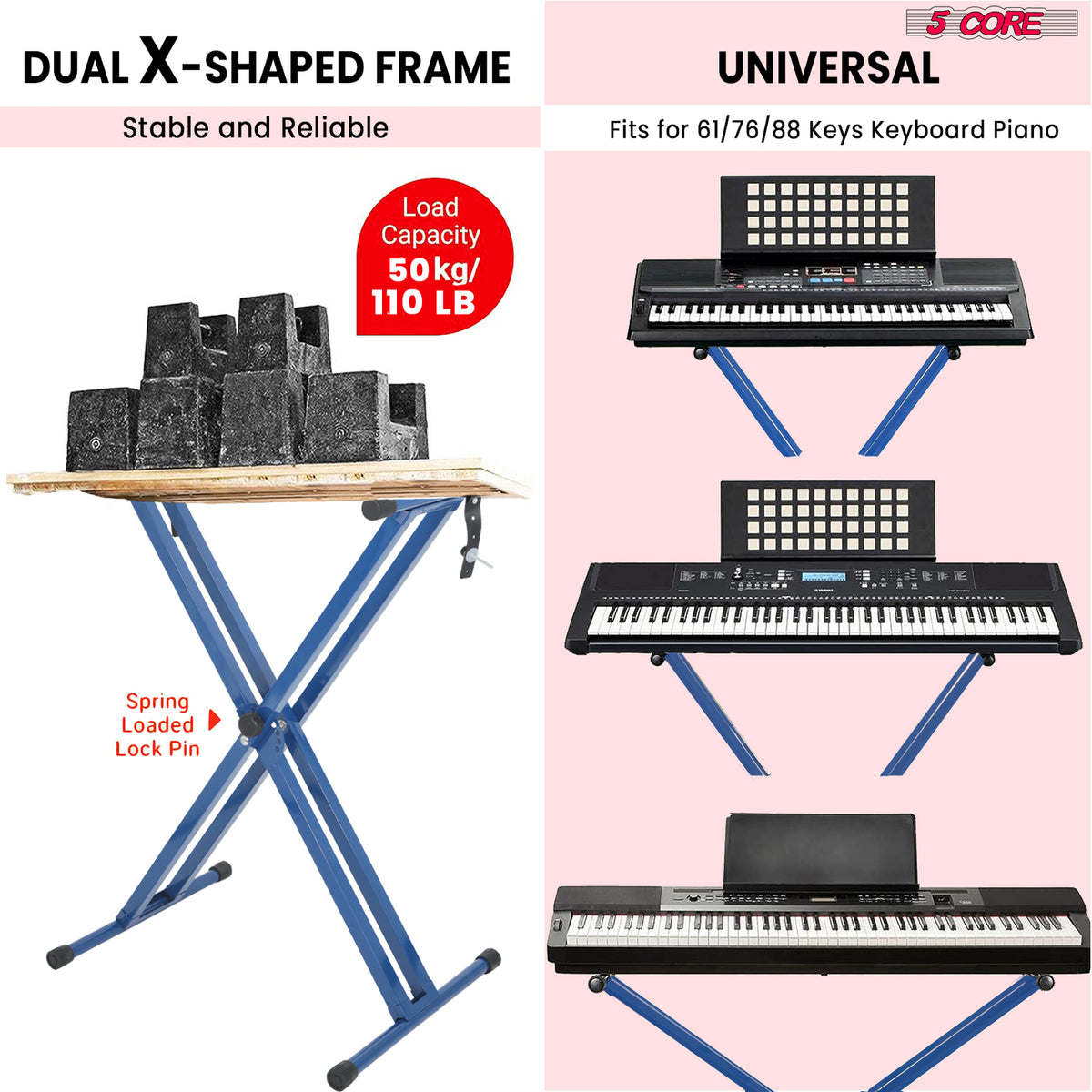 5 CORE Piano Keyboard Stand Double X Style Heavy Duty Adjustable Digital Electric Piano Riser Durable & Sturdy Music Synthesizer Holder Stands For 61 76 88 Keys w Secure Locking Strap - KS 2X