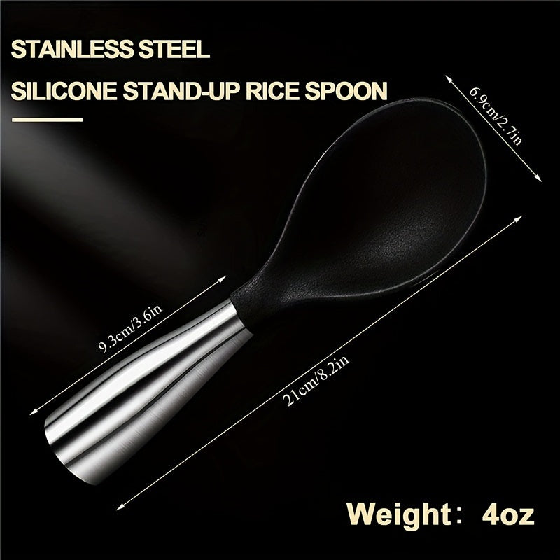 Rice Paddle; Silicone Standing Rice Spoon; Stainless Steel Handle Rice Scooper; Round Edge Not Rust Rice Serving Spoon; Non-Stick Rice Spatula Kitchen Gadgets