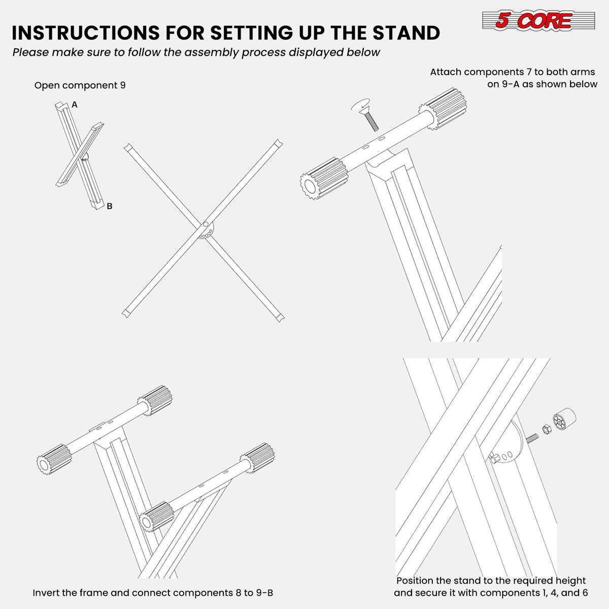 5 CORE Piano Keyboard Stand Double X Style Heavy Duty Adjustable Digital Electric Piano Riser Durable & Sturdy Music Synthesizer Holder Stands For 61 76 88 Keys w Secure Locking Strap - KS 2X