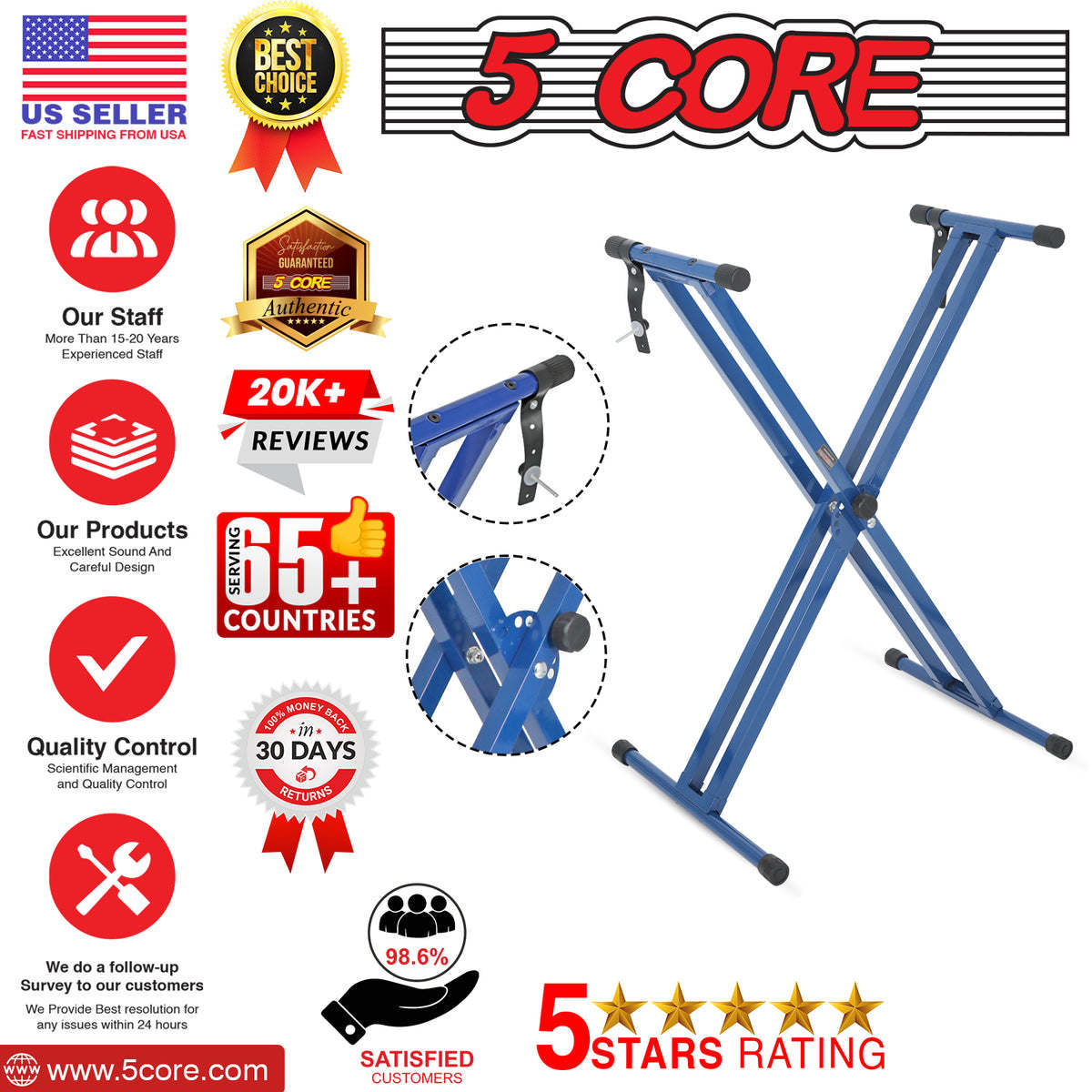 5 CORE Piano Keyboard Stand Double X Style Heavy Duty Adjustable Digital Electric Piano Riser Durable & Sturdy Music Synthesizer Holder Stands For 61 76 88 Keys w Secure Locking Strap - KS 2X