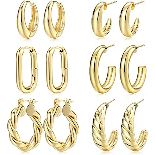 Gold Hoop Earrings Set for Women; 14K Gold Plated Lightweight Hypoallergenic Chunky Open Hoops Set for Gift