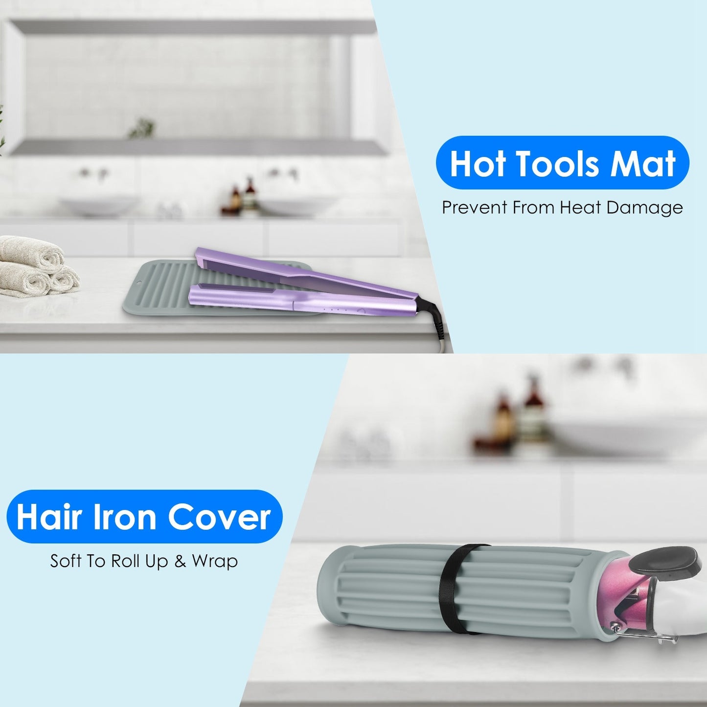 Heat Resistant Silicone Mat For Hot Hair Tools Portable Travel Silicone Mat and Cover For Flat Iron and Curling Iron Hair Straightener Hair Styling Tools 11.81x9.05in