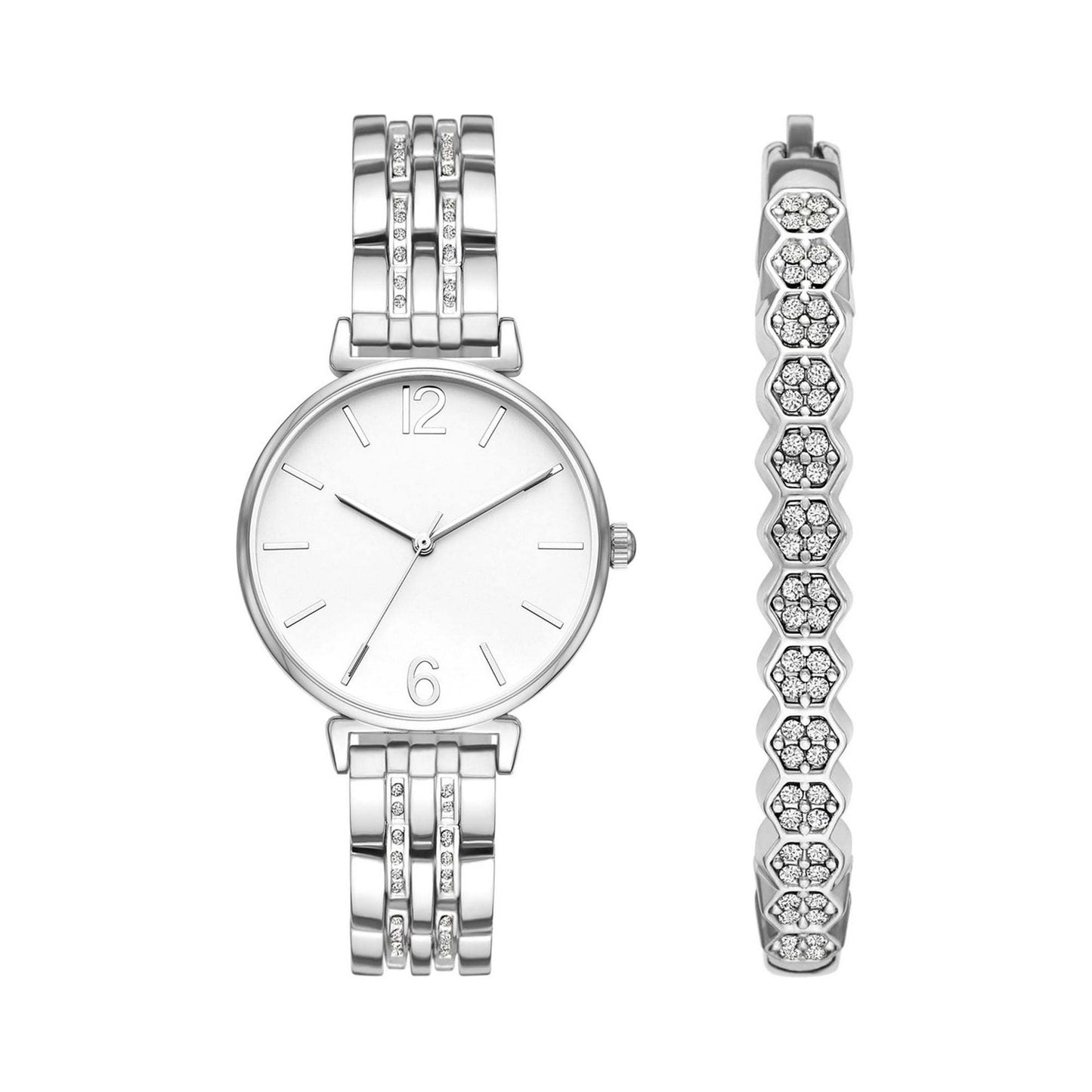 Time & Tru Women's Wristwatch Set: Silver Tone Watch & Bracelet Set (FMDXTT042)