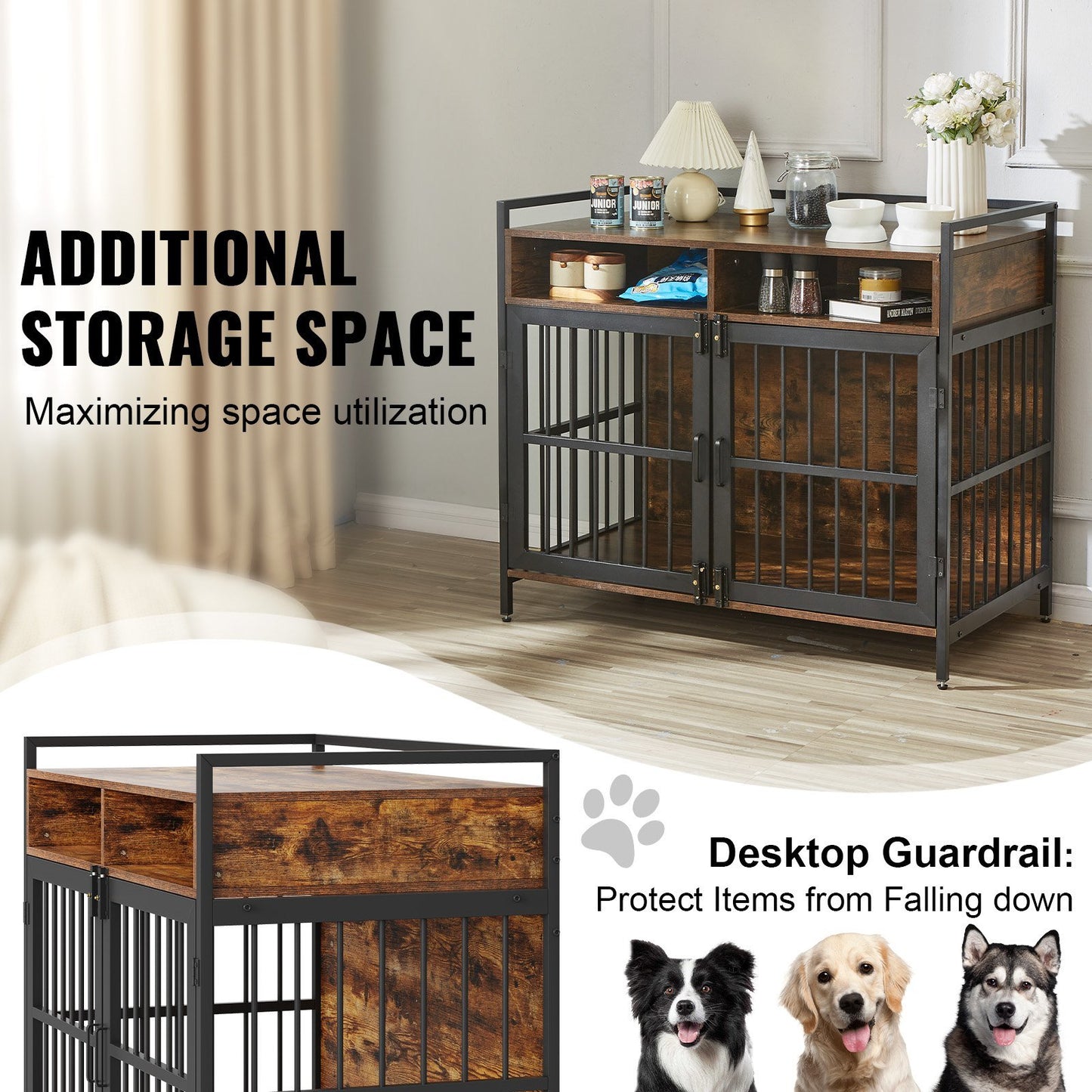 VEVOR Furniture Style Dog Crate with Storage, 41 inch Dog Crate Furniture Large Breed with Double Doors, Wooden Dog Cage for Large/Medium Dog Indoor, Hold up to 70 lbs, Rustic Brown