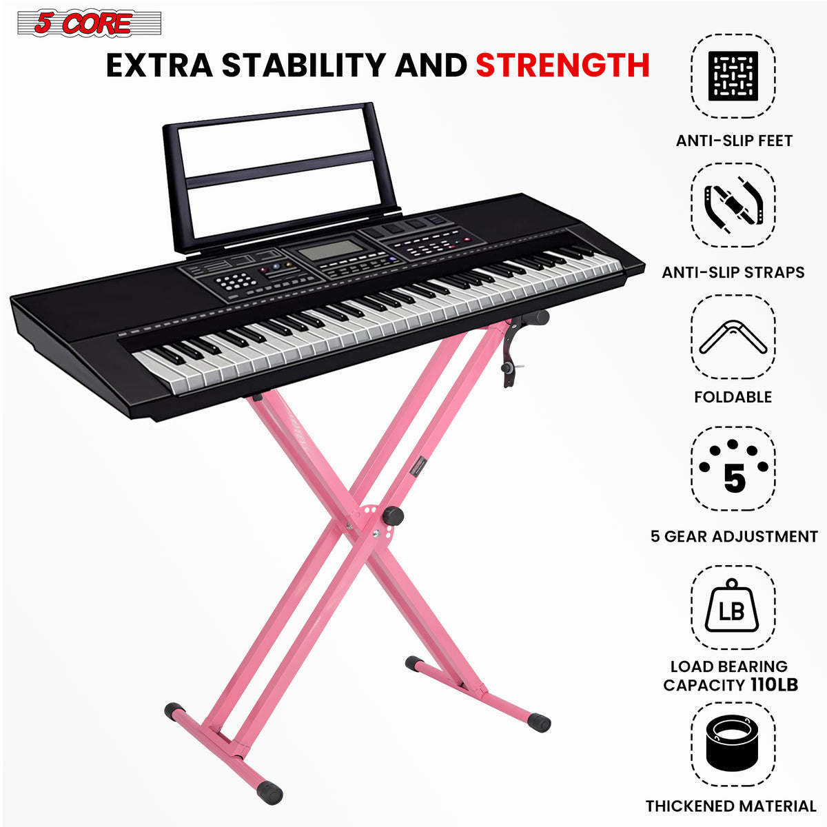 5 CORE Piano Keyboard Stand Double X Style Heavy Duty Adjustable Digital Electric Piano Riser Durable & Sturdy Music Synthesizer Holder Stands For 61 76 88 Keys w Secure Locking Strap - KS 2X