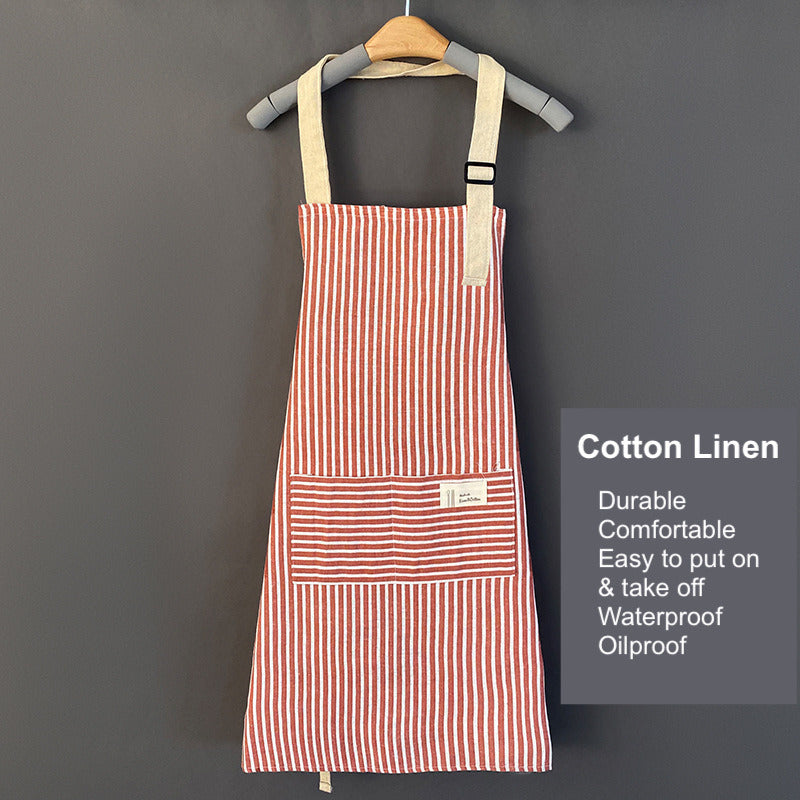 1pc Adjustable Kitchen Cooking Apron Cotton And Linen Machine Washable With 2 Pockets