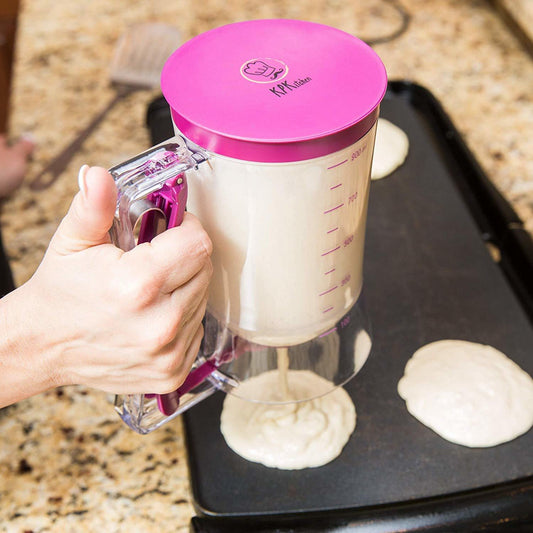 Pancake Batter Dispenser - Kitchen Must Have Tool for Perfect Pancakes, Cupcake, Waffle, Muffin Mix, Crepe & Cake - Easy Pour Baking Supplies for Griddle - Pancake Maker with Measuring Label