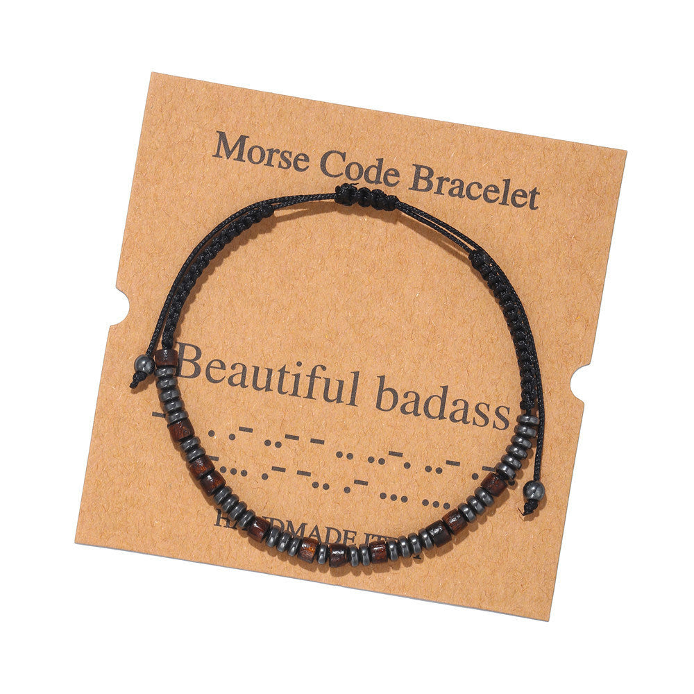 Morse Code Bracelet Black Gallstone Wood Beads