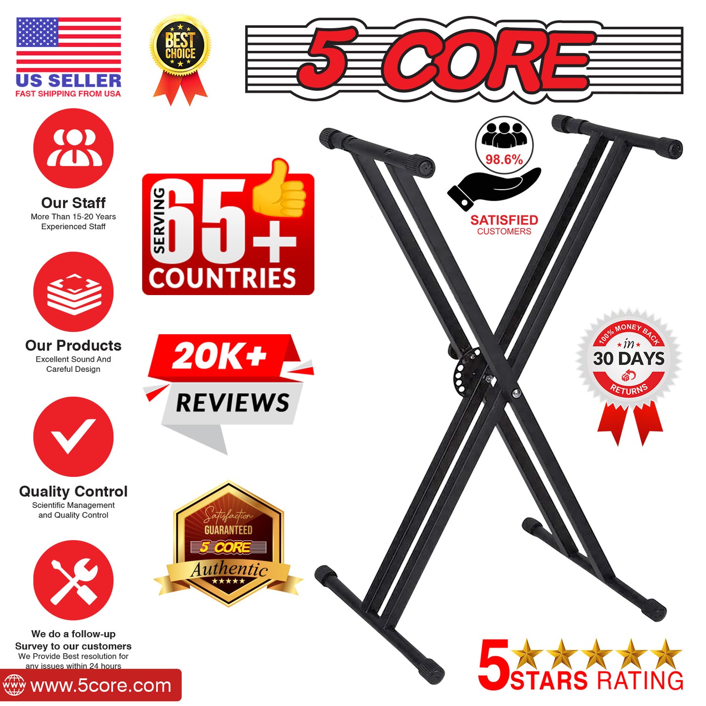 5 CORE Piano Keyboard Stand Double X Style Heavy Duty Adjustable Digital Electric Piano Riser Durable & Sturdy Music Synthesizer Holder Stands For 61 76 88 Keys w Secure Locking Strap - KS 2X