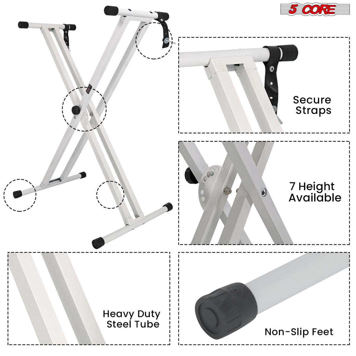 5 CORE Piano Keyboard Stand Double X Style Heavy Duty Adjustable Digital Electric Piano Riser Durable & Sturdy Music Synthesizer Holder Stands For 61 76 88 Keys w Secure Locking Strap - KS 2X