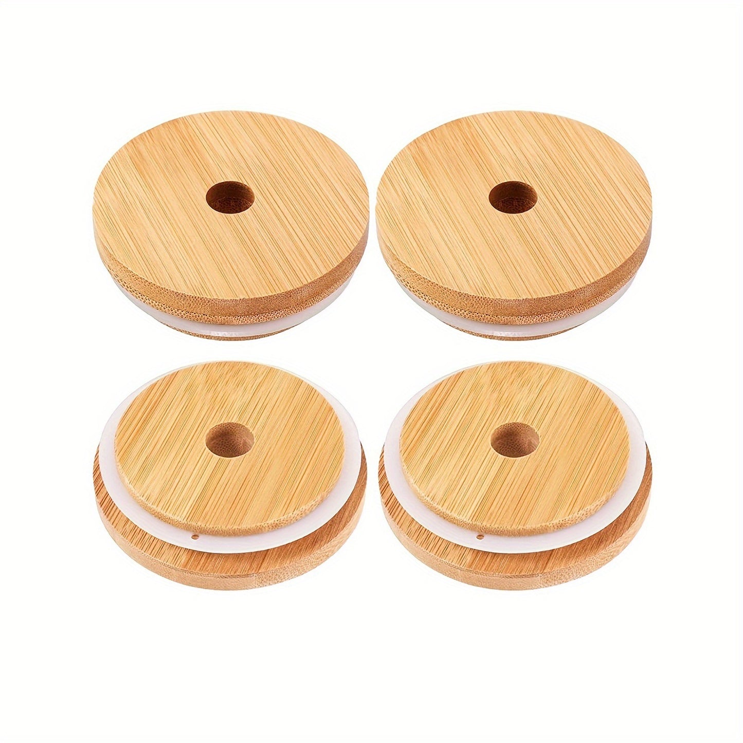 2/4pcs Bamboo Jar Lids With Straw Hole; Reusable Bamboo Jar Lids; Leak Proof Glass Canning Drinking Storage Jars; Canning Lids With Silicone Ring For Mason Canning Jar