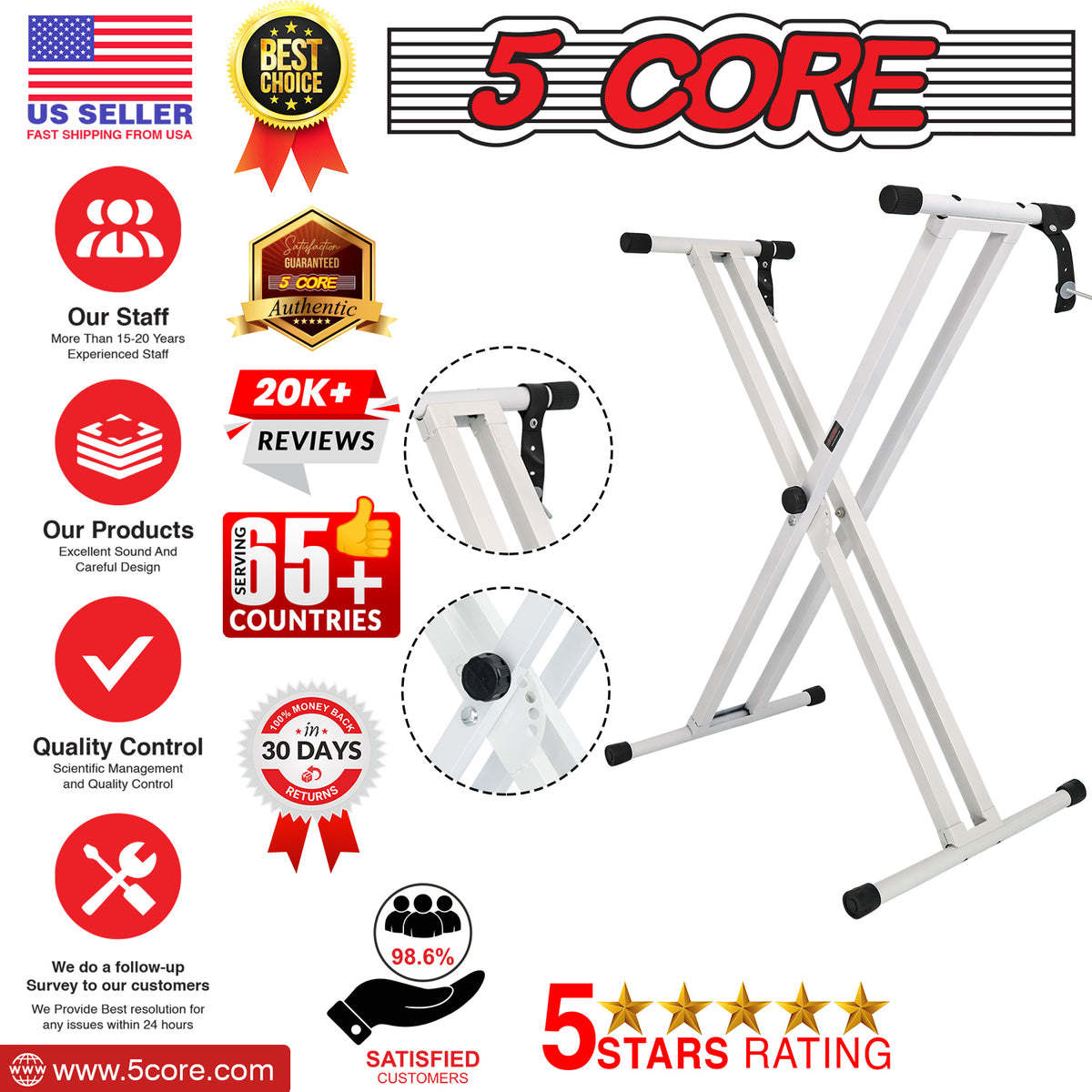 5 CORE Piano Keyboard Stand Double X Style Heavy Duty Adjustable Digital Electric Piano Riser Durable & Sturdy Music Synthesizer Holder Stands For 61 76 88 Keys w Secure Locking Strap - KS 2X