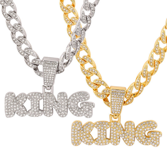 Hip Hop Diamond King Letter Pendant Necklace Cuban Chain Men Rapper Jewelry Accessories