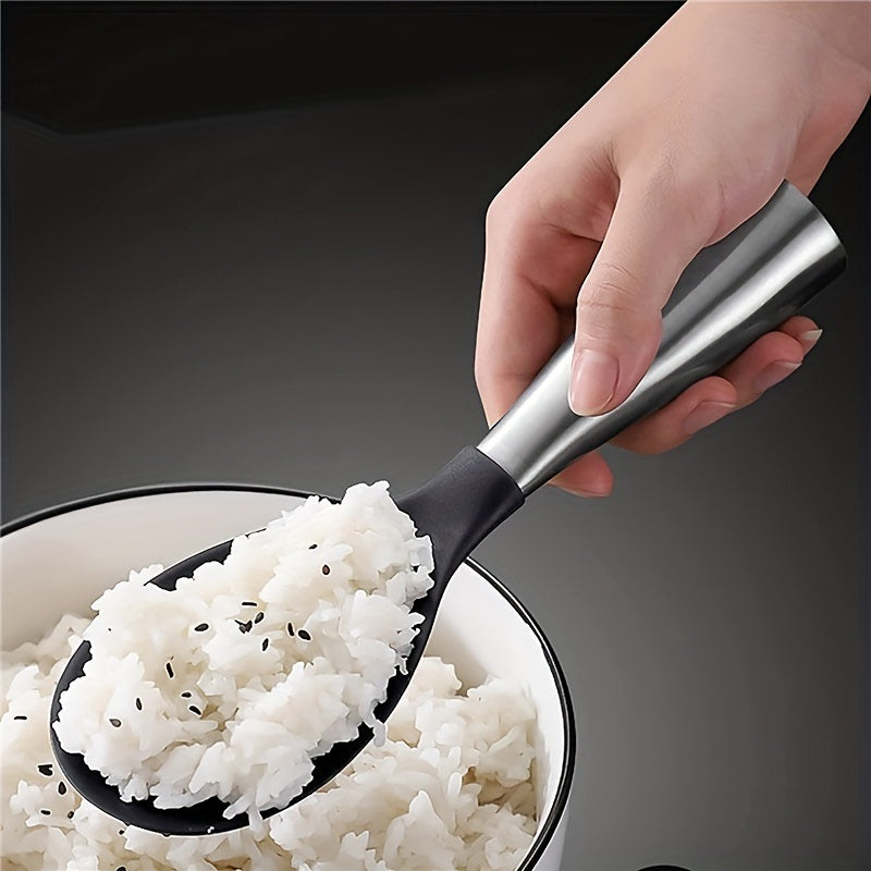 Rice Paddle; Silicone Standing Rice Spoon; Stainless Steel Handle Rice Scooper; Round Edge Not Rust Rice Serving Spoon; Non-Stick Rice Spatula Kitchen Gadgets