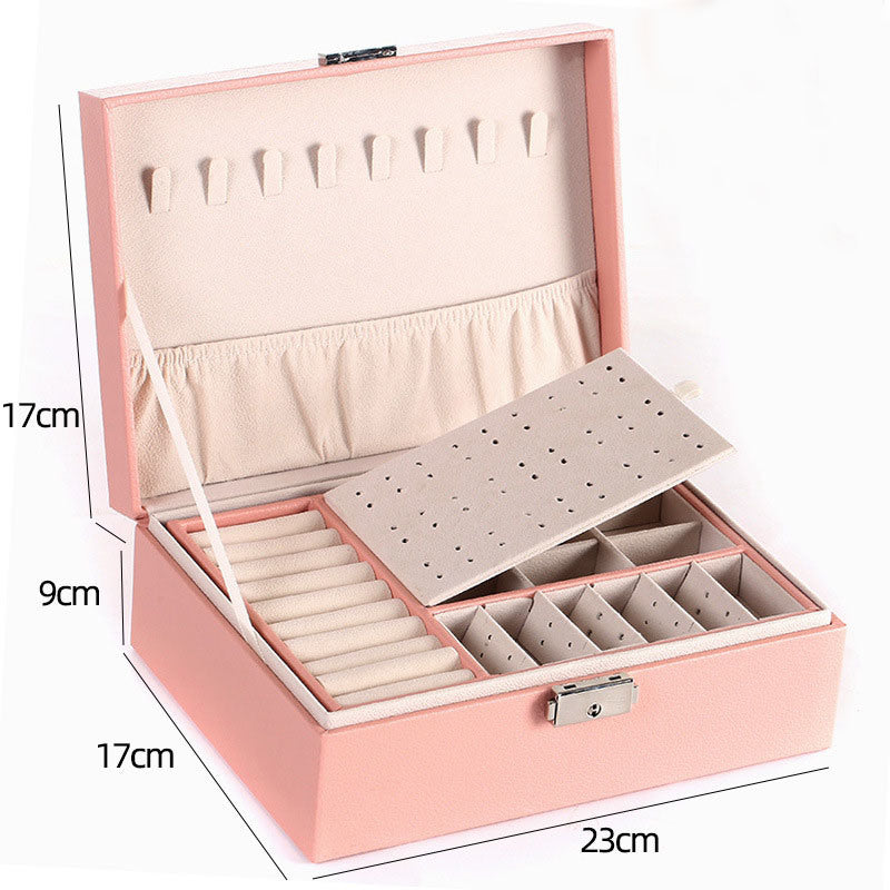 Two-Layer Leather Jewelry Box Organizer Earrings Rings Necklace Storage Case with Lock Women Girls Gift