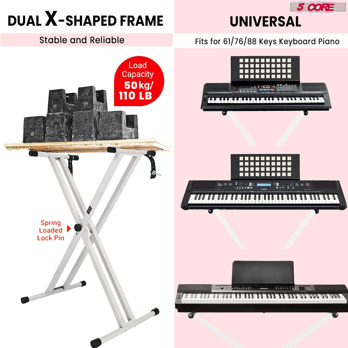 5 CORE Piano Keyboard Stand Double X Style Heavy Duty Adjustable Digital Electric Piano Riser Durable & Sturdy Music Synthesizer Holder Stands For 61 76 88 Keys w Secure Locking Strap - KS 2X