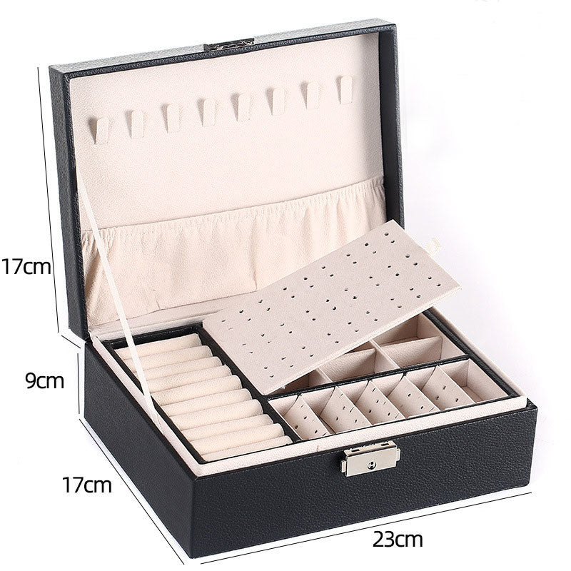 Two-Layer Leather Jewelry Box Organizer Earrings Rings Necklace Storage Case with Lock Women Girls Gift