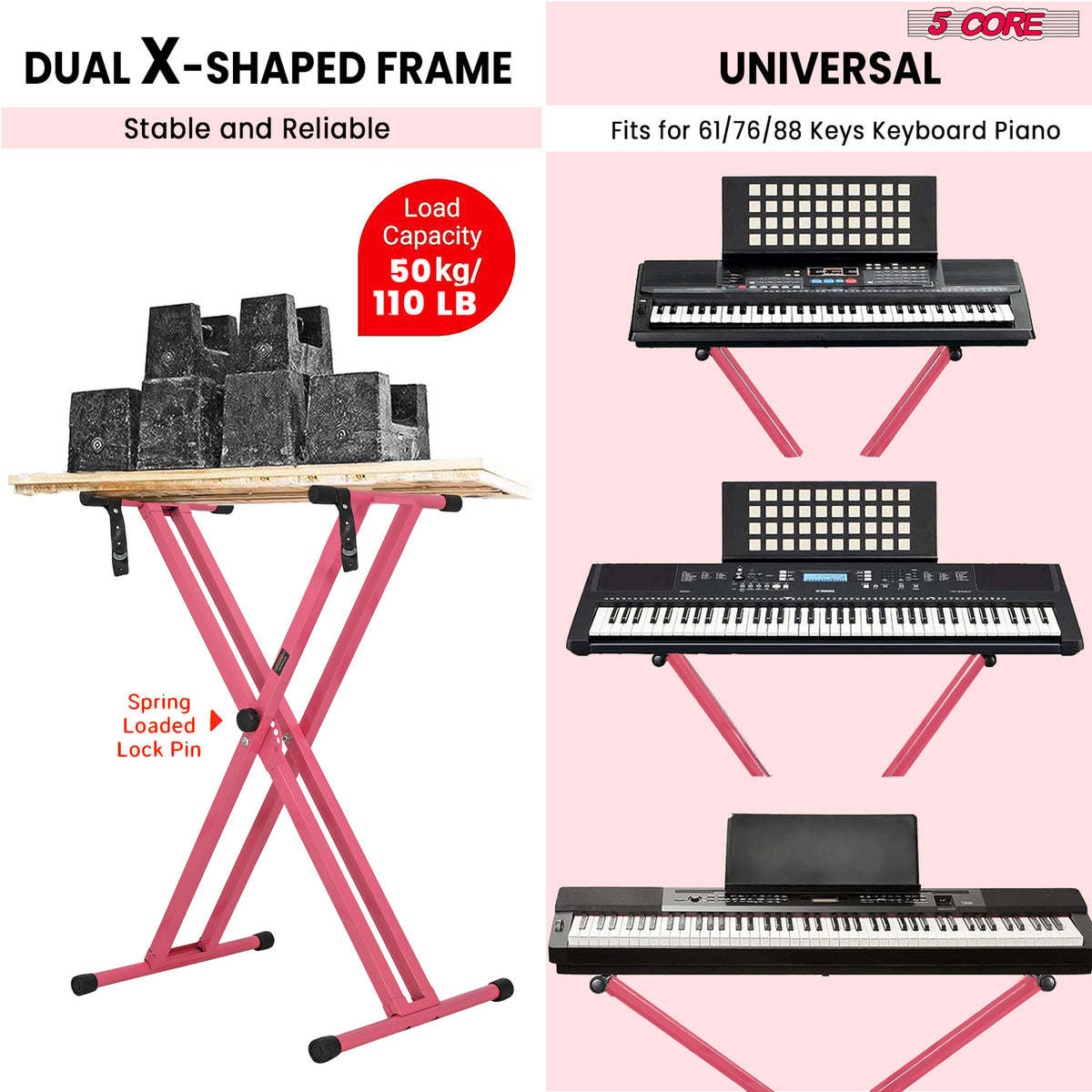 5 CORE Piano Keyboard Stand Double X Style Heavy Duty Adjustable Digital Electric Piano Riser Durable & Sturdy Music Synthesizer Holder Stands For 61 76 88 Keys w Secure Locking Strap - KS 2X