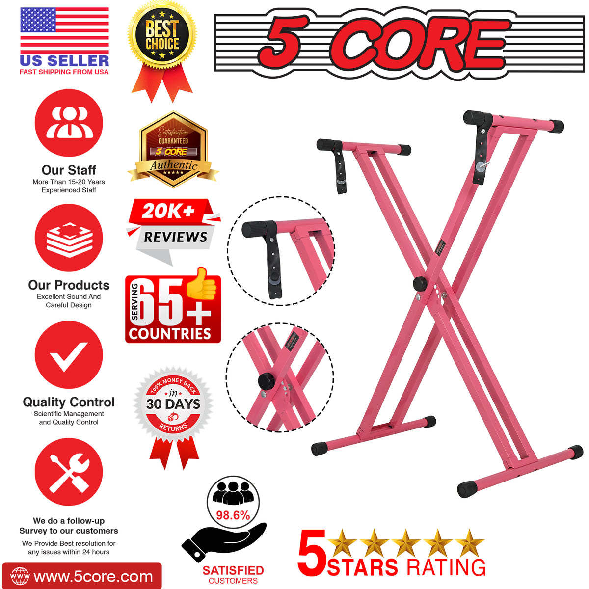 5 CORE Piano Keyboard Stand Double X Style Heavy Duty Adjustable Digital Electric Piano Riser Durable & Sturdy Music Synthesizer Holder Stands For 61 76 88 Keys w Secure Locking Strap - KS 2X