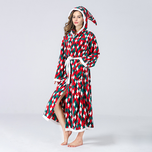 Winter Christmas Sleepwear Women Fleece Hooded Bathrobe Plush Long Robe