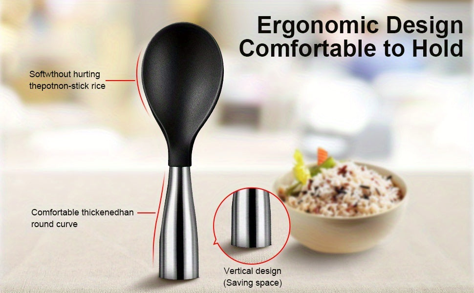 Rice Paddle; Silicone Standing Rice Spoon; Stainless Steel Handle Rice Scooper; Round Edge Not Rust Rice Serving Spoon; Non-Stick Rice Spatula Kitchen Gadgets