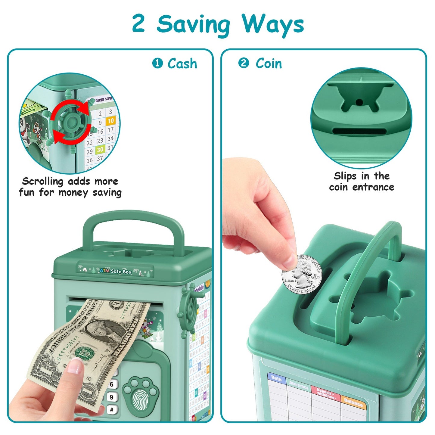 Piggy Bank Toy Cash Coin Money Bank Money Saving Box with Password Fingerprint Voice Prompt Folding Handle for 3+ Years Old Boys Girls