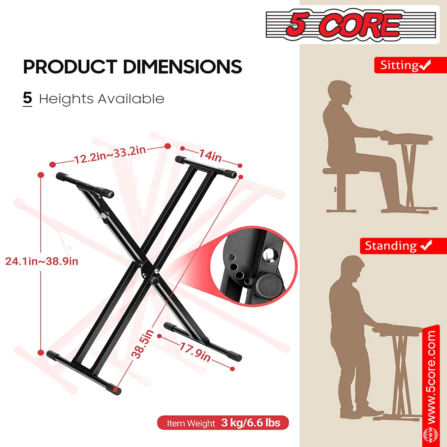 5 CORE Piano Keyboard Stand Double X Style Heavy Duty Adjustable Digital Electric Piano Riser Durable & Sturdy Music Synthesizer Holder Stands For 61 76 88 Keys w Secure Locking Strap - KS 2X