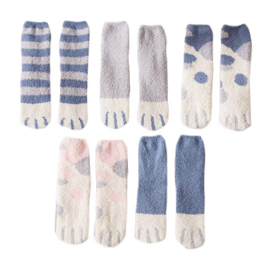 5 Pairs Blue Grey Cute Cat Paws Coral Velvet Socks Spotted Cat Winter Fuzzy Warm Socks Sleep Socks Home Floor Socks