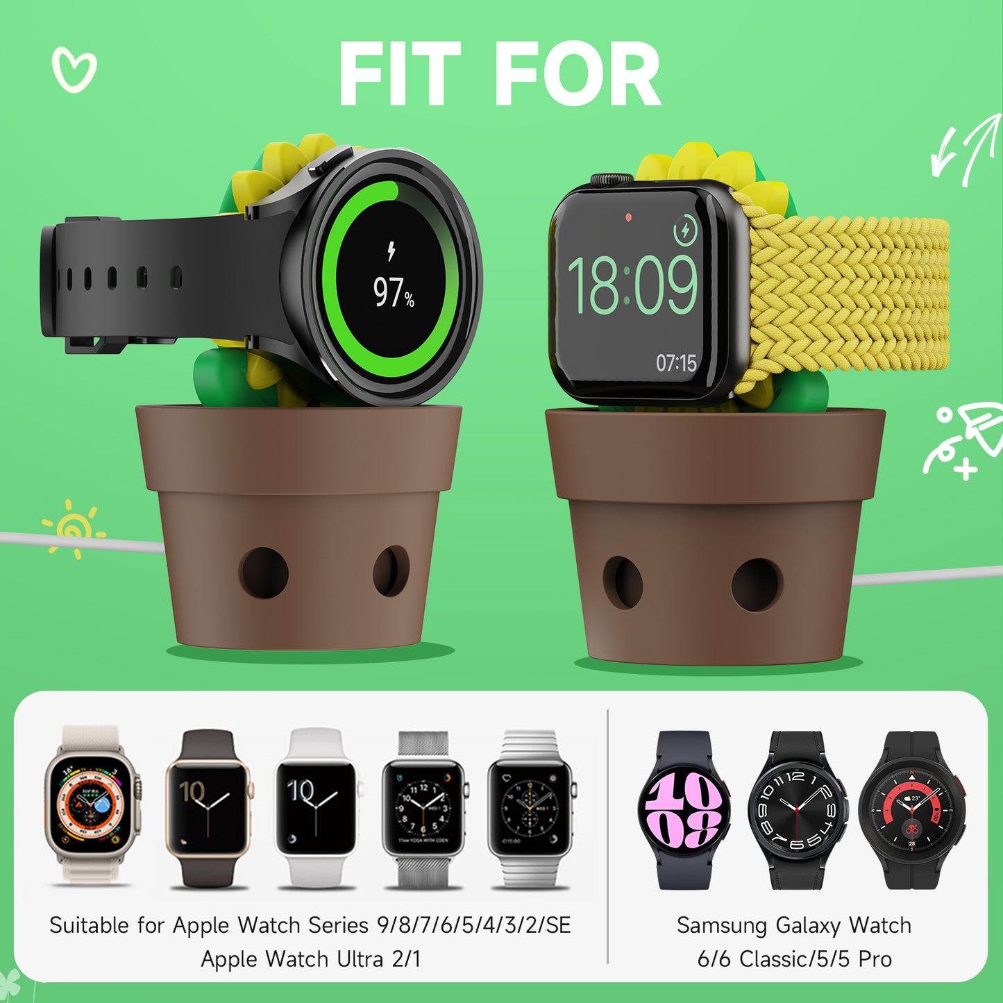 Cute Sun Flower Charger Stand Compatible With Watch, Silicone Desk Stand Holder For All IWatch Series Ultra SE 8 7 6 5 4 3 2 1 45mm-38mm, CHARGER NOT INCLUDED