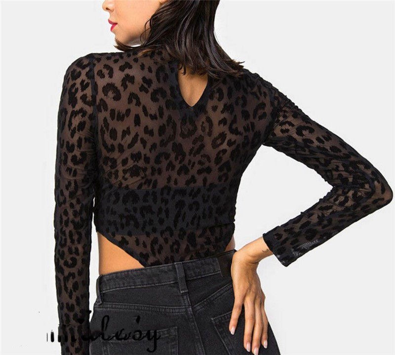 spring and autumn new women's black leopard mesh mesh perspective sexy jumpsuit