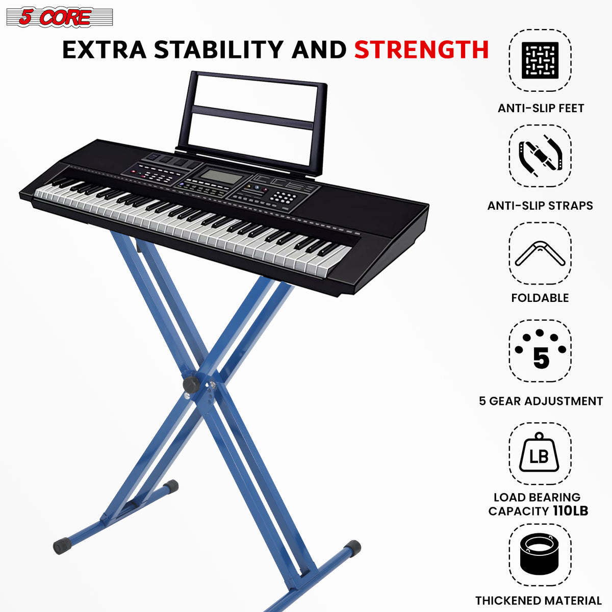 5 CORE Piano Keyboard Stand Double X Style Heavy Duty Adjustable Digital Electric Piano Riser Durable & Sturdy Music Synthesizer Holder Stands For 61 76 88 Keys w Secure Locking Strap - KS 2X