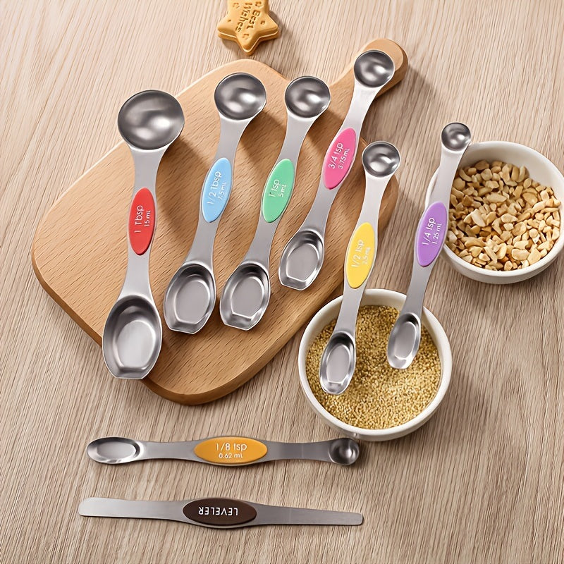 Set Of 8; Magnetic Measuring Spoon Set; Double Sided Stainless Steel Measuring Spoons; Fits In Spice Jars; Stackable Teaspoons; For Measuring Dry And Liquid Ingredients