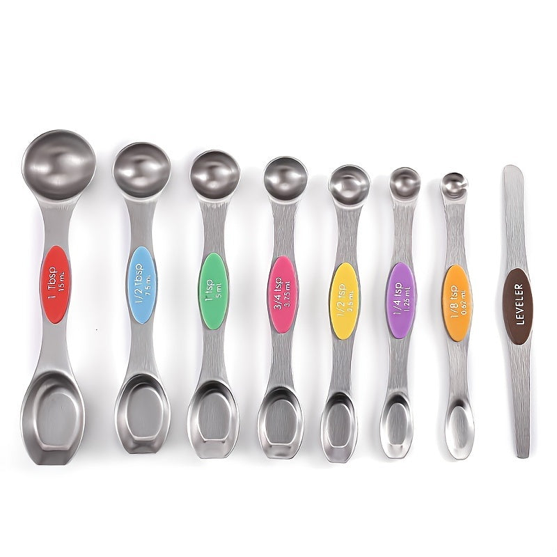 Set Of 8; Magnetic Measuring Spoon Set; Double Sided Stainless Steel Measuring Spoons; Fits In Spice Jars; Stackable Teaspoons; For Measuring Dry And Liquid Ingredients